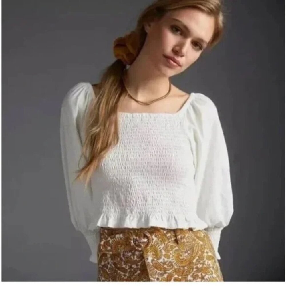 NWT Anthropologie Pilcro Ginny‎ Smocked Crop Top Size M Ivory Balloon Sleeve